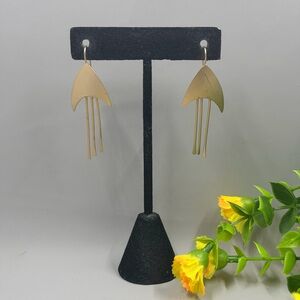 Gold Dangle Modernist Brutalist Metal Fringe Earrings - Minimal Modern Style